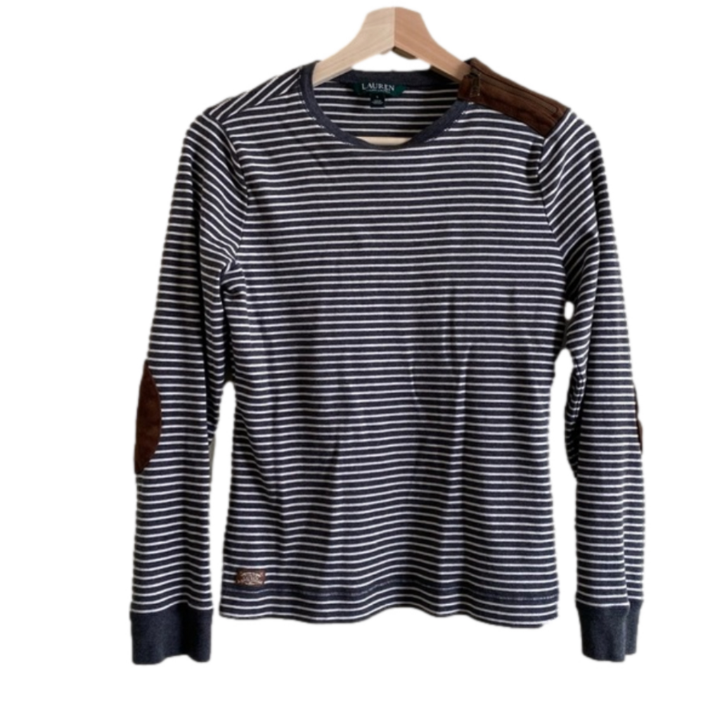 Lauren Ralph Lauren Striped Suede Patched Zipper Long Sleeve Top Sz L Wo…